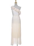 Anna-Kaci S/M Fit Off-White Frosting Pleated One Shoulder Ruffle Neckline Dress