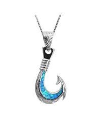 Sterling Silver Hawaiian Hook Necklace Pendant with Blue Opal and Box Chain