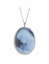 Sterling Silver Italian Blue Agate Mother and Baby Cameo Pin-Pendant Necklace, 18"