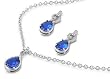 Sterling Silver Pendant/Earring Set - Pear-Shaped Blue Saphire, Clear CZ - Pendant:20mm, Earrings:20mm