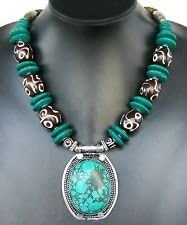 Tribal Jewelry Nepalese Handmade Tibetan Silver Pierced Dzi Yak Bone Turquoise Pendant Necklace