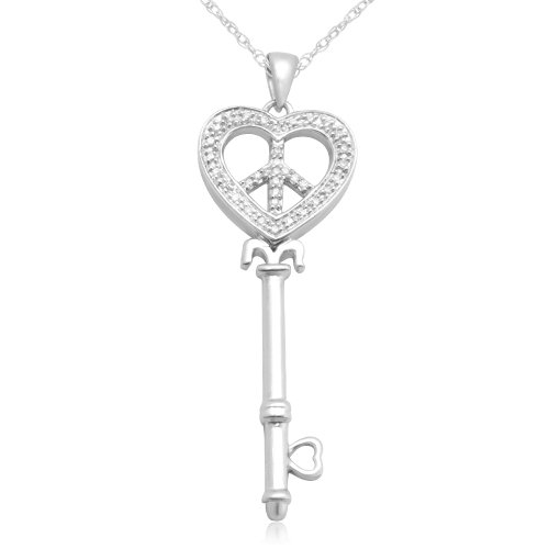 10k White Gold Diamond Key Heart Pendant (1/10 cttw, I-J Color, I3 Clarity), 18''