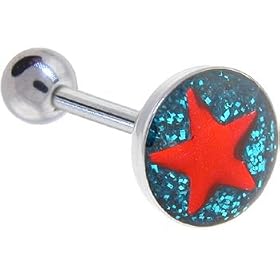 Blue Red GLITTER STAR Barbell Tongue Ring by 