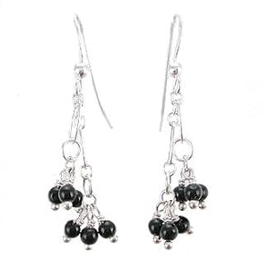 Black Onyx Gemstone Cluster Bead Dangle Earrings with Sterling Silver Links, #7951