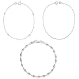 Sterling Silver Set of Three: 035-Gauge Twisted Herringbone, Shot Bead w/ Bali Flower Stations and Thin Twisted Bar-and-Bead Link Chain Bracelets, 7