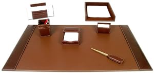 7 Piece, Brown Rustic Leather Executive Desk Set, Blotter, Letter Holder, Memo Holder, Business Card Holder, Pencil Cup, Letter Tray, Letter Opener