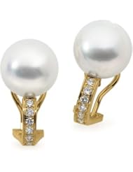 Clevereves 18K Yellow Gold Pair 12.00 mm Fine Round South Sea Cultured Pearl And Diamond Earrings