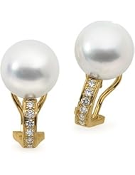 18K Yellow Gold Pair 12.00 mm Fine Round South Sea Cultured Pearl And Diamond Earring