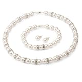 Genuine Swarovski Crystal Pearl Royal Necklace/Bracelet/Earring Set with All Around Rondelles- White - 8mm