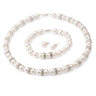 Genuine Swarovski Crystal Pearl Royal Necklace/Bracelet/Earring Set with All Around Rondelles- White – 8mm