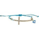 Heirloom Finds Sideways Crystal Cross and Enamel Heart Bracelet With Turquoise Colored Thread - Adjusts to Fit