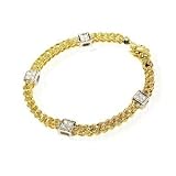 14K Yellow and White Gold Square Italian Link Bracelet, with Pave Set Diamonds
