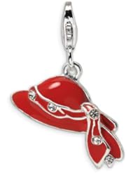 Amore LaVita(tm) Sterling Silver Red Enameled and CZ Hat w/Lobster Clasp Charm for Charm Bracelet
