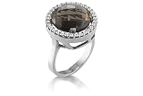 14K White Gold Matte-Finish Hand-Crafted Ring, Centered with a Smokey Topaz Semi-Precious Color Stone, Surrounded by Pave Set Diamonds.