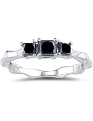 0.85 Cts Black Diamond Three Stone Ring in 14K White Gold