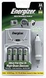 Energizer e2 Charger for AA & AAA Rechargeable Batteries with Car and Home Adapter & 4 AA Batteries