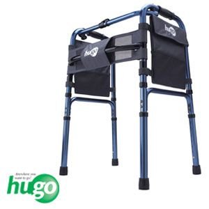 Hugo Adjustable Folding Walker with 5 Inch Wheels and Plastic Glides, Blue