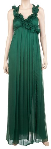 SILK CHIFFON CASCADING ROSETTE EVENING DRESS EMERALD, XS
