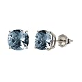 10k White Gold Checkerboard Cushion Created Aquamarine Gemstone Stud Earrings (6mm, 2.10 cttw)