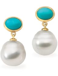 Jewelplus South Sea Cultured Pearl & Genuine Turquoise Earrings 14K Yellow Pair 07.00X05.00Mm/11.00Mm