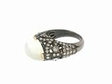 Oval Silver Moonstone Ring in Blackened Gold with Diamonds by Arunashi