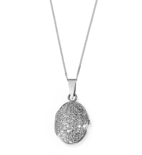 9ct White Gold Crystal Encrusted Oval Locket Necklace