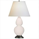 Double Gourd Small Table Lamp in Lily Glazed Ceramic with Deep Patina Bronze Base & Pearl Dupioni Fabric Shade Double Gourd Small Table Lamp in Lily Glazed Ceramic with Deep Patina Bronze Base & Pearl Dupioni Fabric Shade