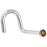 Solid 14KT White Gold 2mm Fire Red Synthetic Opal Right Nostril Screw - 18 Gauge