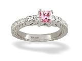 14K White Gold Square Created Pink Sapphire and Diamond Ring