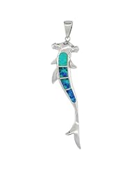 Sterling Silver Hammerhead Shark Pendant Synthetic Opal Inlay w/ CZ stones, 2 1/16 inch tall,