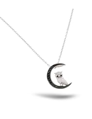 Sterling Silver Rhodium Plated Moon And Owl Slider Necklace With Black Cz Accents 16 Inch Plus 2 Inch Chain