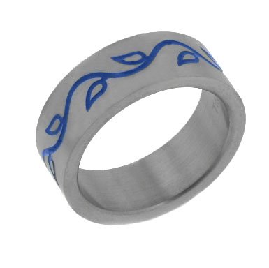 Ladies Titanium Celtic Lore Etched Blue Leaves and Vines Wedding Band Ring (Size 6,7,8,9,10)
