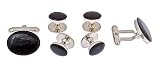Classic silver plated and black enamel oval cufflinks and shirt stud set with presentation box