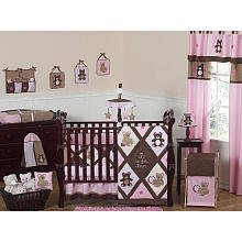 Pink and Chocolate Teddy Bear Baby Girls Bedding 9pc Crib Set
