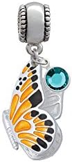 Large Orange & Black Flying Butterfly Charm Bead with Teal Crystal