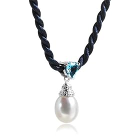 Freshwater Cultured Pearl and Blue Topaz Drop Pendant on Silk Cord by Blue-Topaz Necklaces