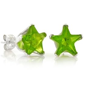 August Birthstone Peridot Green Star Cut Cubic Zirconia CZ Silver Stud Earrings