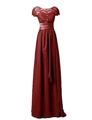 Illusion Flowy Lace Cap Sleeves Chiffon/Taffeta Evening Dress/Prom Dress  With a Sash 