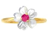 14K Yellow Gold White Mother of Pearl Exotic Blossom Stackable Ring-Multi Mop-Ruby, size8