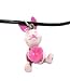 Adorable 3d Pink Piglet Holding Flower Charm Necklace on Black Leather Cord