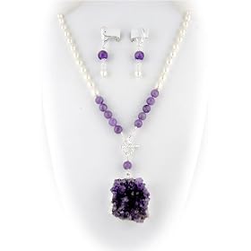 Amethyst Crystals Stone Pendant Freshwater Pearl Lariat Necklace Earrings ne1224