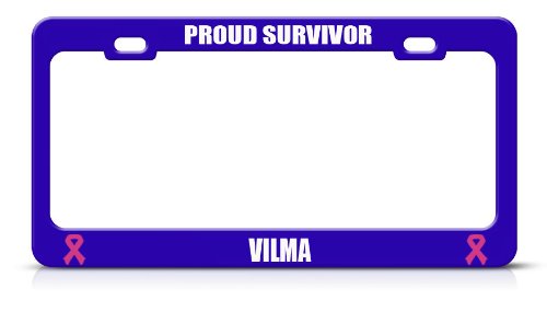 Vilma Proud Survivor Cancer Ribbon Blue Metal License Plate Frame Tag Border