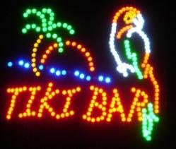 Home, Bar or Restaurant Decor, 18x16 Large Tiki Bar w/Parrot Motion LED Sign. 18" x 16" LED Tiki Bar Parrot Sign. This is one of the coolest LEDs we carry. The words Tiki Bar flash at different speeds on their own as shown in the YouTube clip. This sign plugs into the wall and has an on off switch built on the cord. These come with chains to hang in any window (suction cups not included) or from the ceiling/wall. Great for a home bar.