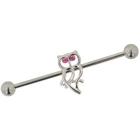 Stainless Steel Industrial Barbell with Owl: 14g 1-1/4": Metal Mafia: Jewelry