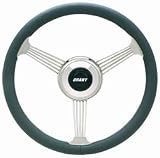 Banjo Style Steering Wheel 3-Spoke 14.75 in. Diameter 3.5 in. Dish Charcoal Leather Grip w/Stainless Steel 3-Spoke Banjo Design