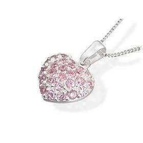 Silver Pink Cubic Zirconia Heart Pendant And Chain