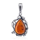 Brown Amber Vintage Style Teardrop Pendant Sterling Silver Charm