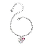 White Resin Heart in Frame with Spring Swarovski Crystals Silver Plated Brass Charm Bracelet with Rose Swarovski Drop