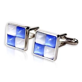 Unforgettable Blue & White Catseye Cufflinks in Silver Frame with Presentation Box