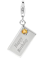 Sterling Silver Happy Birthday Card Charm with Lobster Clasp ,Citrine November Birthstone , Width 3/8 Inch, Length 1/1/2 Inch, Weight 3.8g, Fits Traditional Charm Bracelet, Best Gift for Birthday